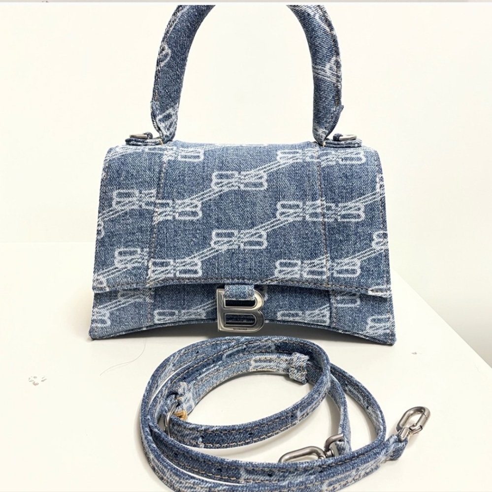 BALENCIAGA Hourglass BB Monogram Bleached Denim Small Bag Purse Top Handle - Picture 8 of 9